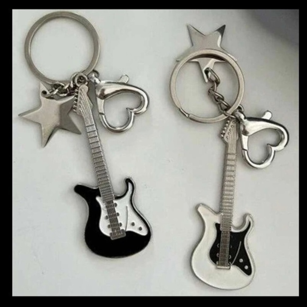 2 Guitar Keychains and Bag Charms Black & White BRAND NEW